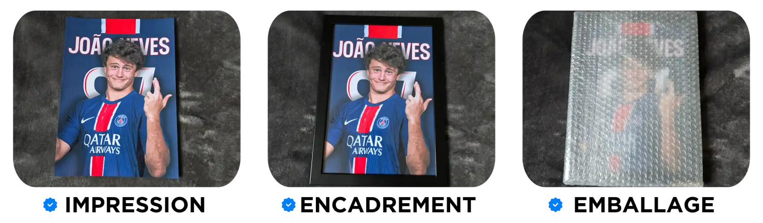 Trois affiches encadrées d'un joueur de football.