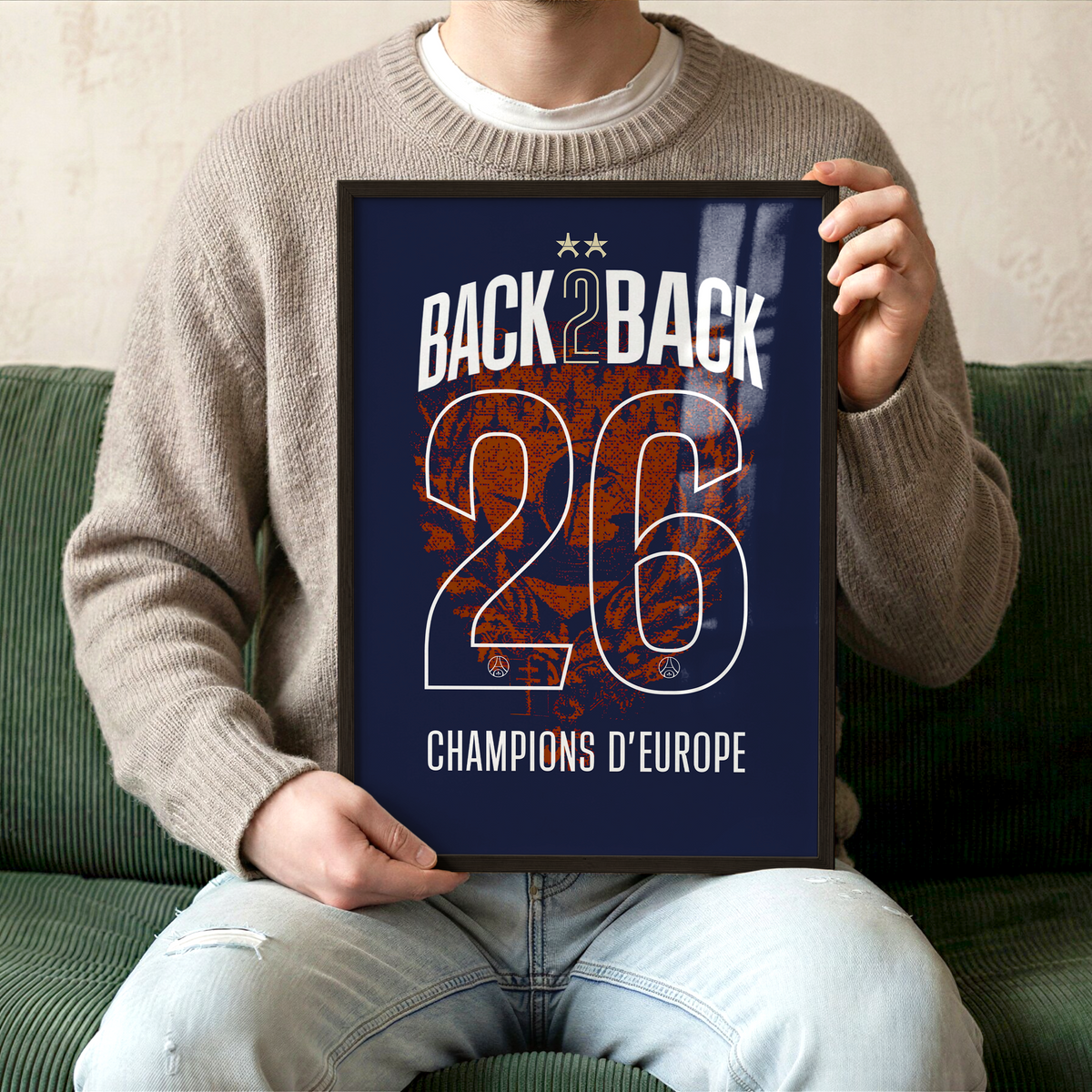 Affiche Maillot PSG Back 2 Back 2026 – Édition Collector – Affiche encadrée personnalisée - Cadre Perso