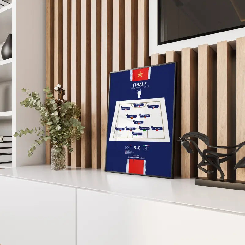 Cadre PSG composition Ligue Champions 2025 panneau bois
