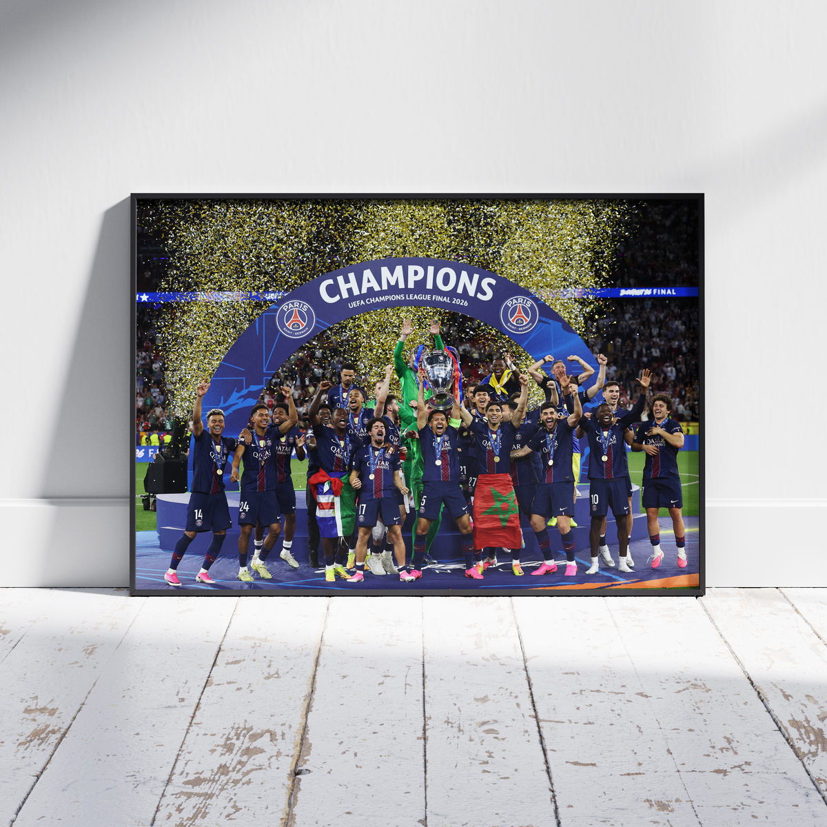 Affiche PSG - Vainqueur Ligue des Champions 2026 – Affiche encadrée personnalisée - Cadre Perso
